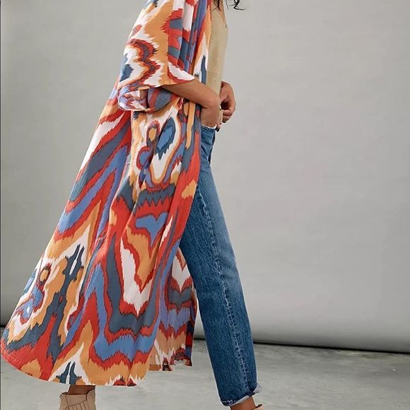 Multicolor Open Longline Three Quarter Sleeve Kimono Duster - Picture 10 of 15